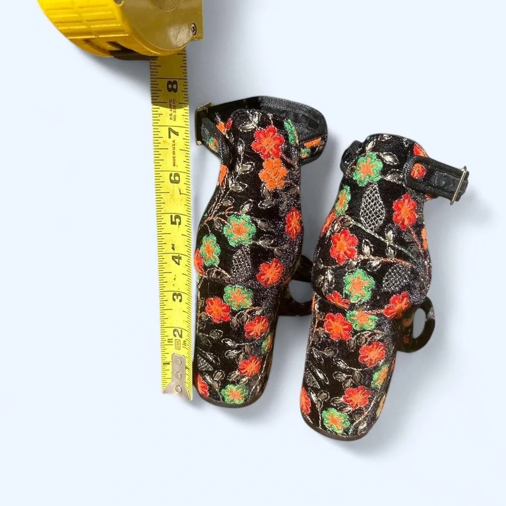 Whimsical Goth Velour Black floral block heels with ankle strap